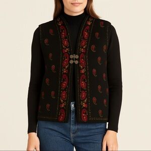 Icelandic Design‎ Wool Embroidered Vest Black Red Floral Zip Front